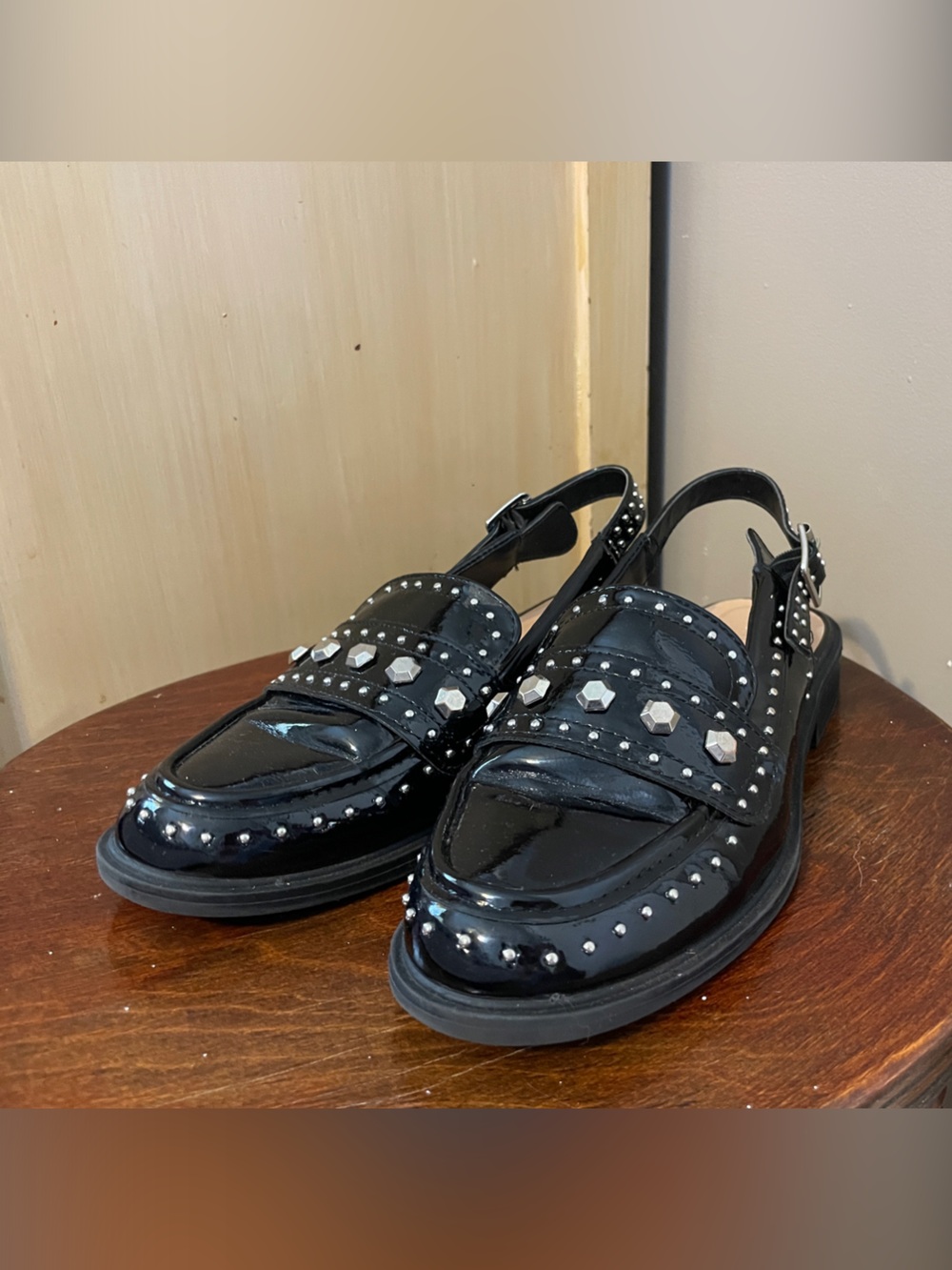 Women's Bamboo Black Studded Slingback Loafers